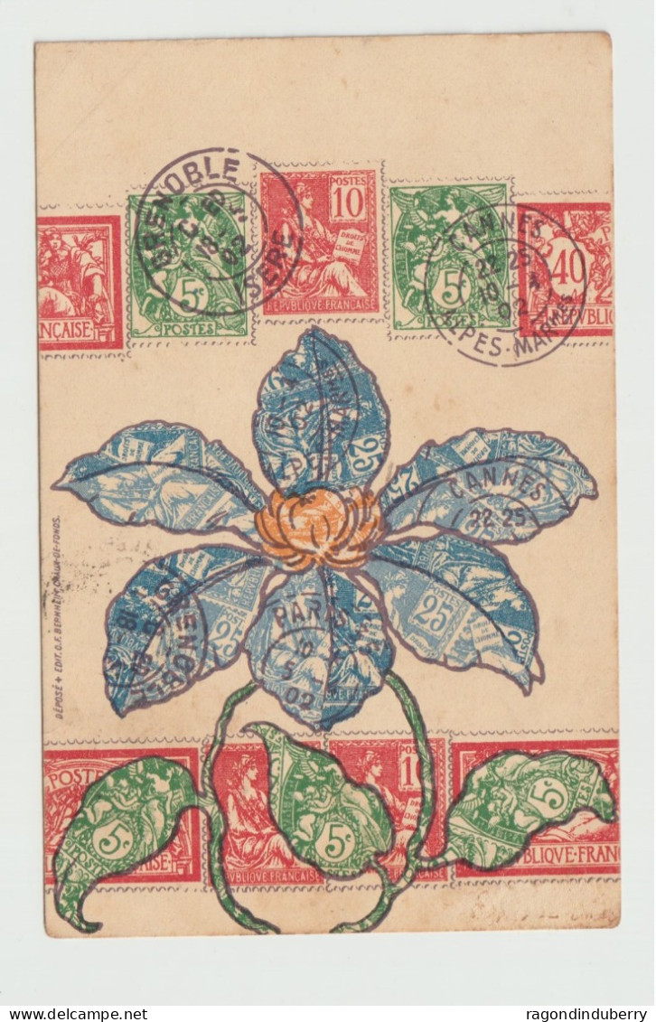 CPA - REPRESENTATION De TIMBRES FRANCAIS, Type Sage, Merson Etc Et Fleurs - Voy En 1902 Bel état - Briefmarken (Abbildungen)