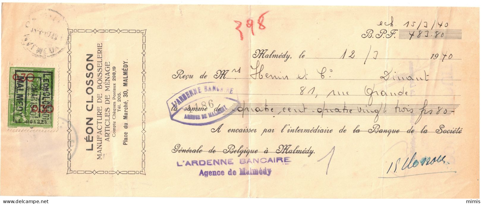 BELGIQUE        Reçu Daté Du 12/03/1940 - Documents