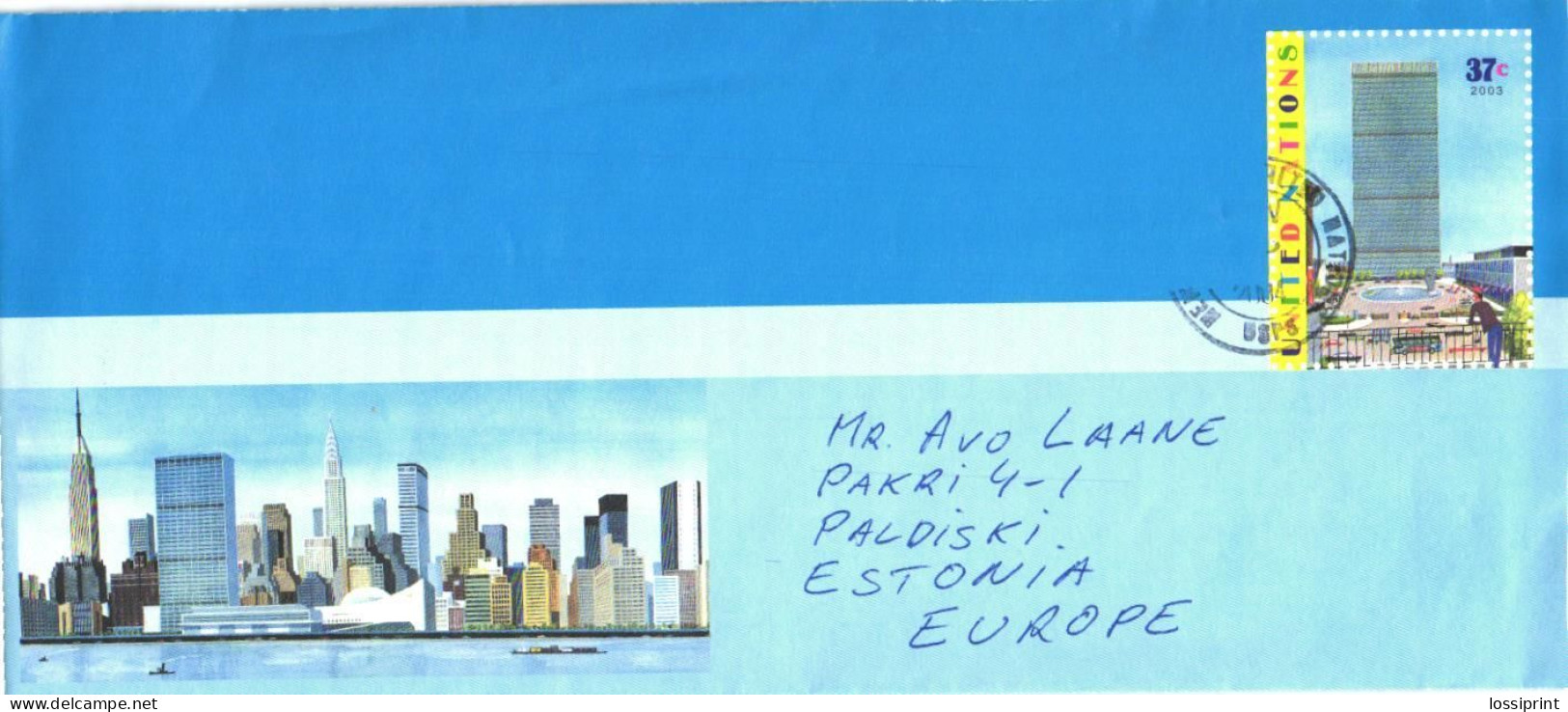 United States:United Nations Postal Stationery-cover 37 Cents 2003 From USA To Estonia 2004 - Covers & Documents