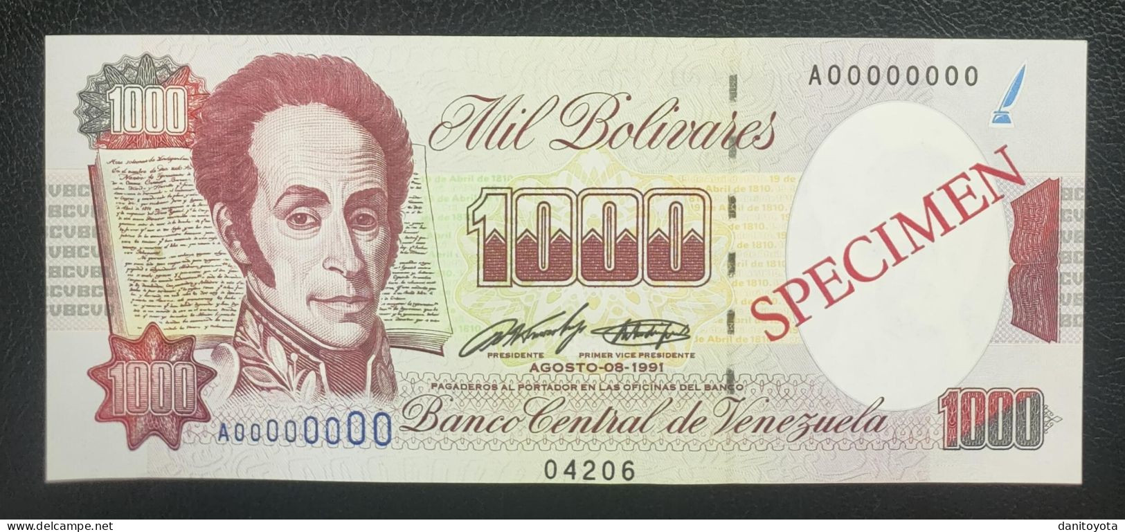 VENEZUELA 1000 BOLIVARES 8 DE AGOSTO DE 1991 SOBRECARGA SPECIMEN SIN CIRCULAR - Venezuela