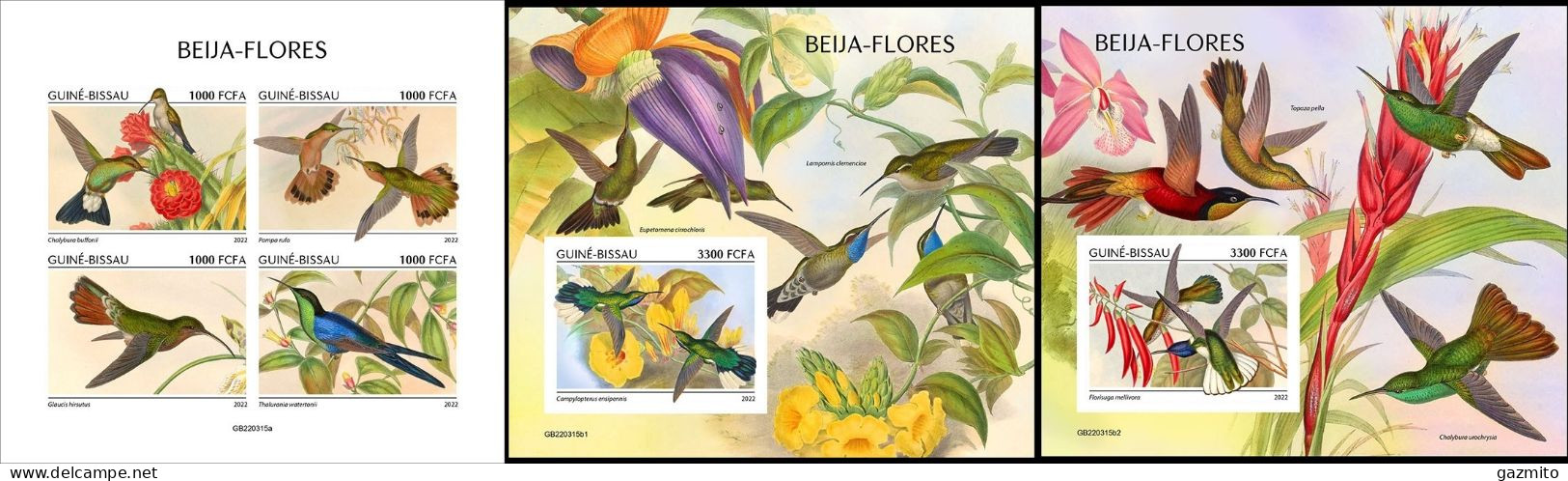 Guinea Bissau 2022, Animals, Hummingbirds, 4val In BF+BF IMPERFORATED - Pájaros Cantores (Passeri)