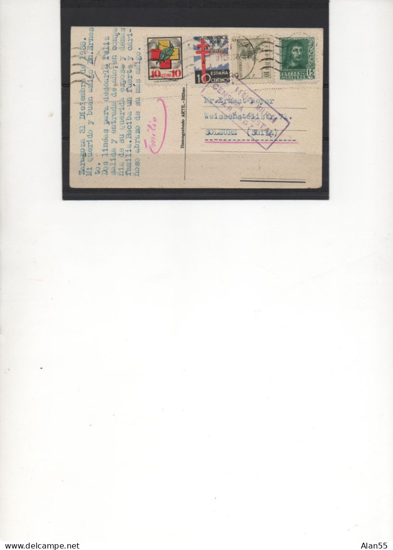 ESPAGNE (GUERRE).1938. SURTAXE Obligatoire "ANTITUBERCULEUX"CROIX-ROUGE."CENSURA POSTAL ZARAGOZA". VERS LA SUISSE. - Marcas De Censura Nacional