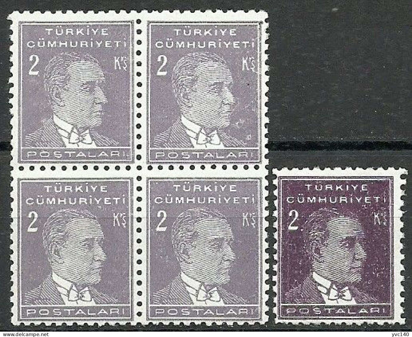 Turkey; 1933 2nd Ataturk Issue Stamp 2 K. "Color Tone Variety & Sloppy Print" - Unused Stamps