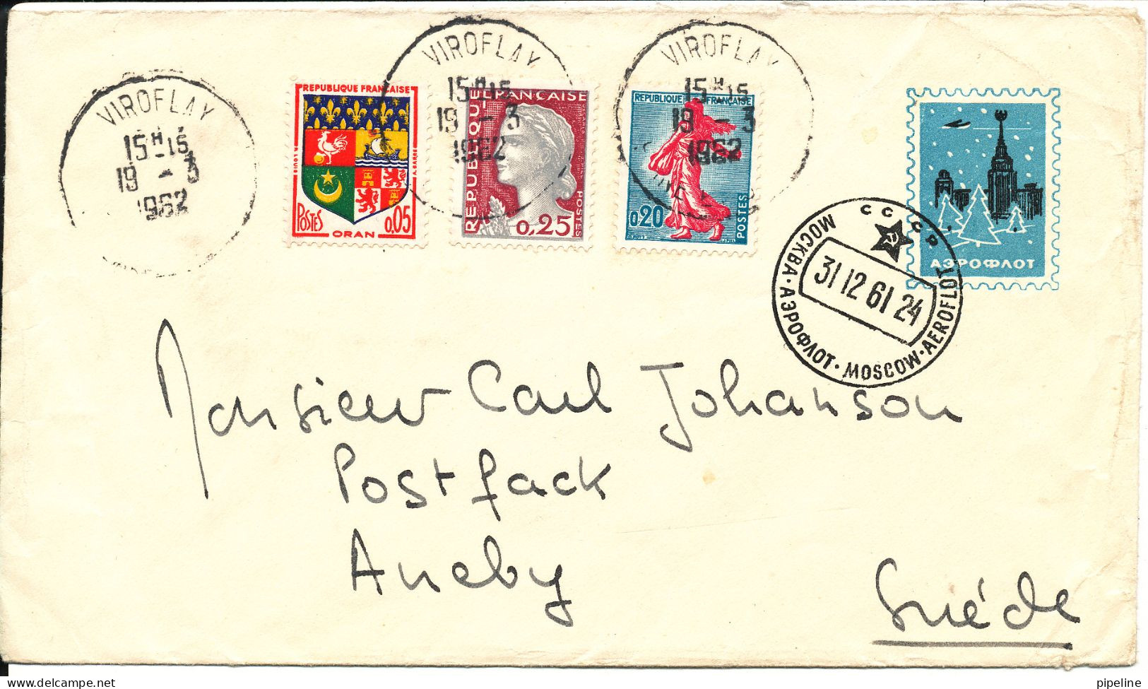 France USSR Postal Stationery Cover 31-12-1961 With More French Stamps Sent To Sweden 19-3-1962 And Seals On The Backsid - Storia Postale