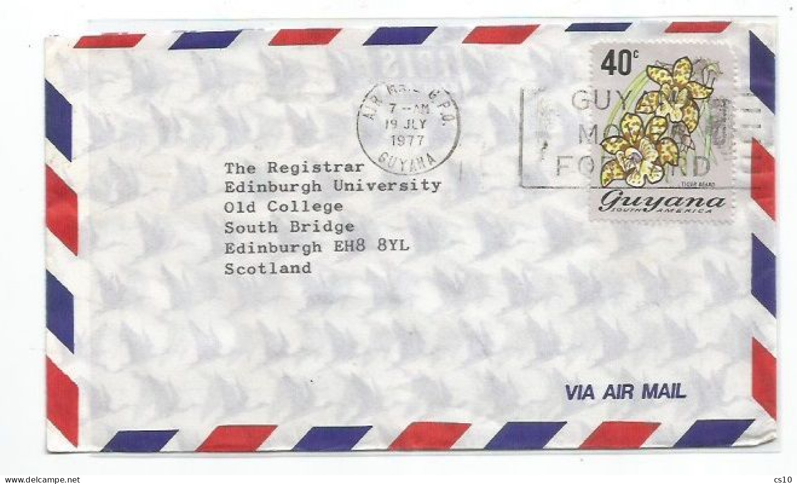 Guyana Airmail CV 19jul1977 To Scotland With Tiger Bear Orchid C.40 Solo Franking - Orchids