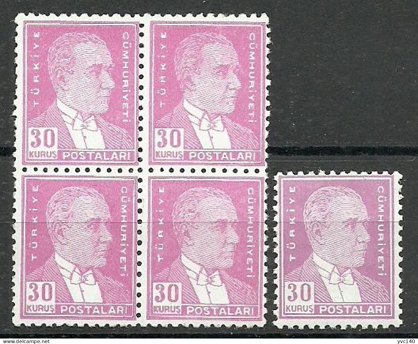 Turkey; 1933 2nd Ataturk Issue Stamp 30 K. "Color Tone Variety" (Block Of 4) - Ungebraucht