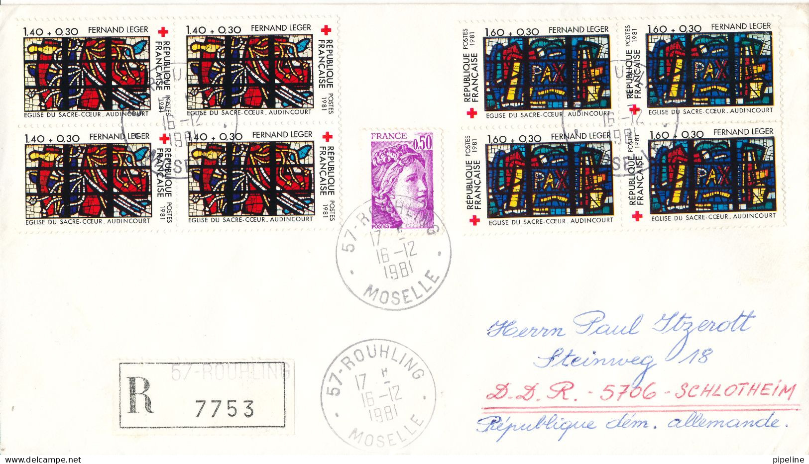 France Registered Cover Sent To Germany DDR Rouhling 16-12-1981 Very Good Franked With Topic Stamps RED CROSS In Block O - Storia Postale