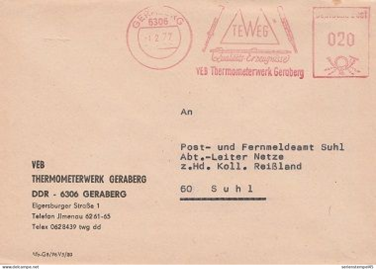 DDR Brief Mit Freistempel Geraberg 1977 Rot VEB Thermometerwerk Geraberg - Machines à Affranchir (EMA)