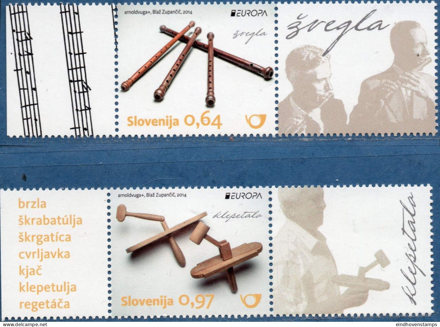 Slovenia 2014 Music Instruments 2 Values With Tags MNH Sweg Pipes, Rattles, Cept - Música