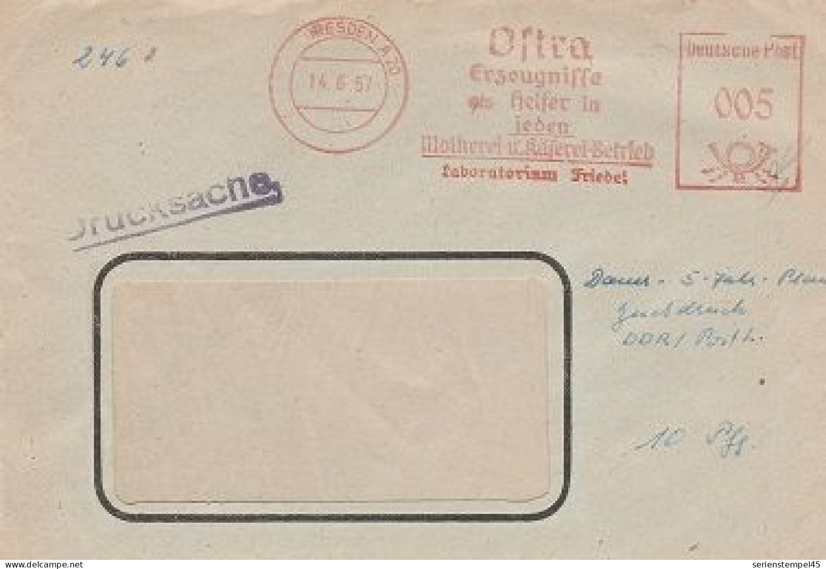 DDR Brief Mit Freistempel Dresden A 20 1957 Rot Ostra Erzeugnisse Helfer In Jeder Molkerei - Frankeermachines (EMA)