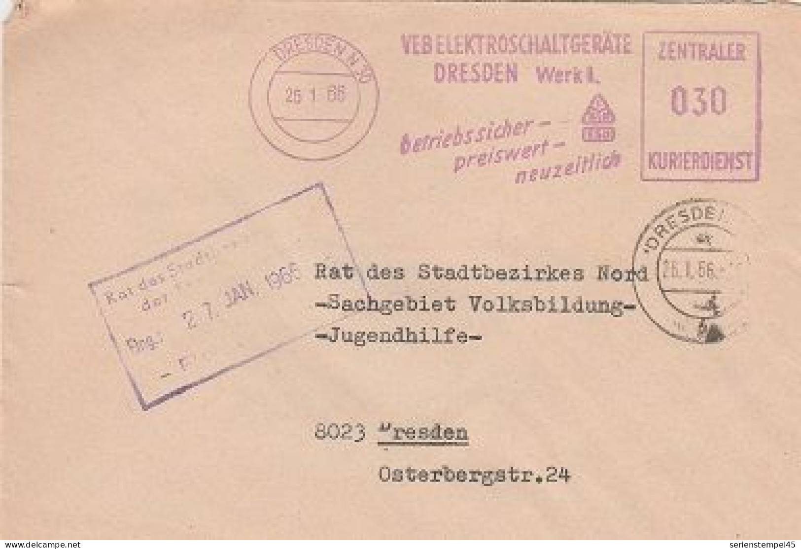 DDR Brief Mit Freistempel Dresden 1966 VEB Elektroschaltgeräte Dresden Werk II. Zentraler Kurierdienst - Macchine Per Obliterare (EMA)