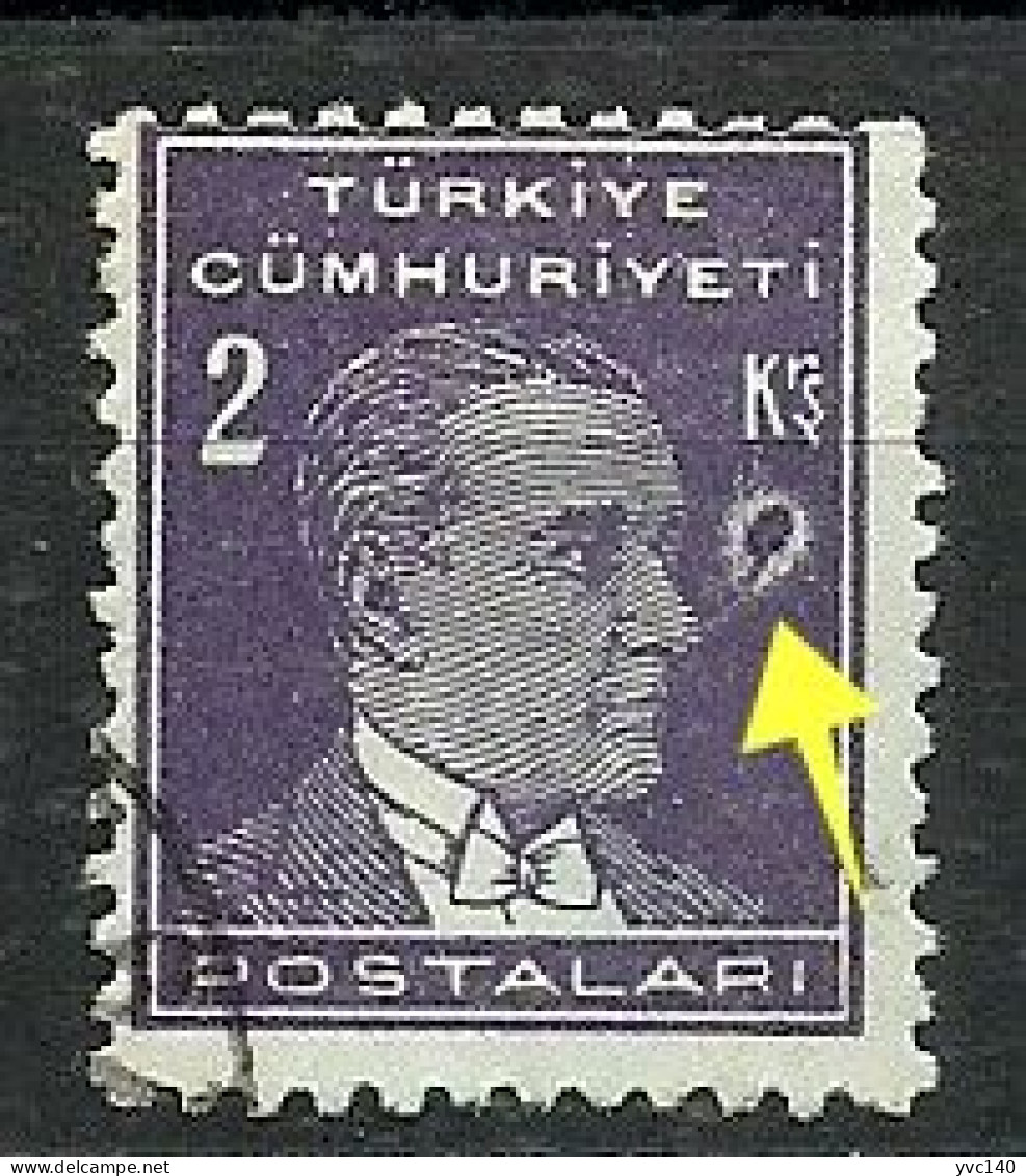 Turkey; 1933 2nd Ataturk Issue Stamp 2 K. "Printing Stain" - Gebruikt