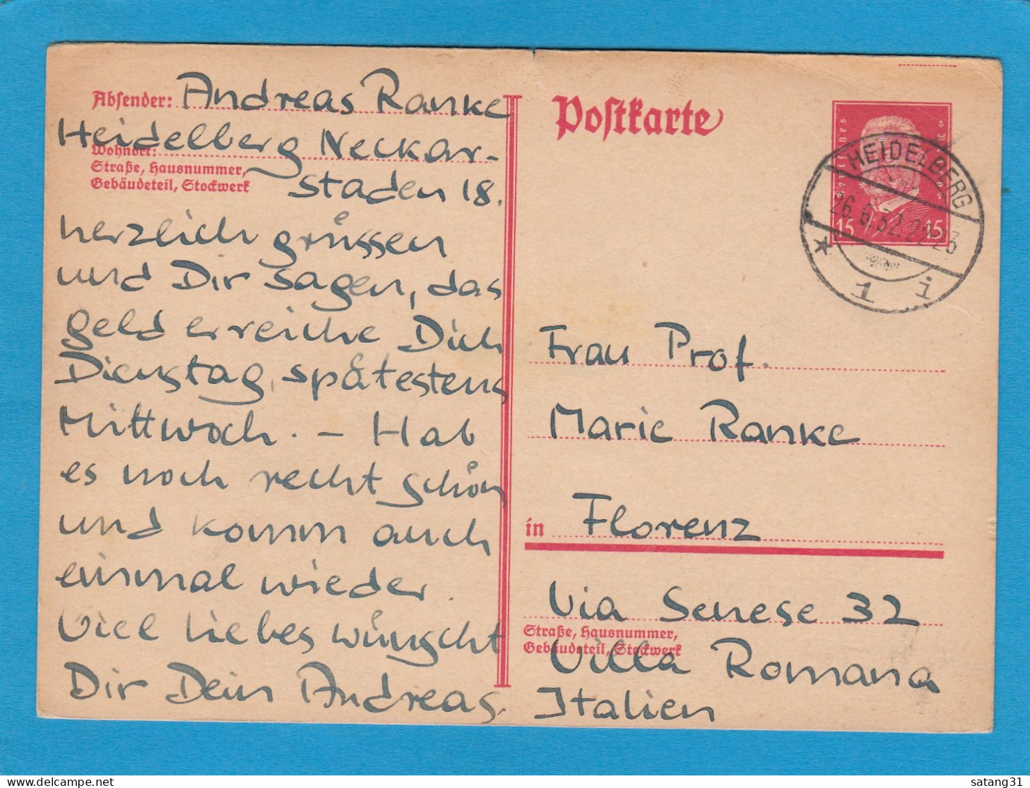 P 196.GANZSACHE AUS HEIDELBERG NACH FLORENZ,ITALIEN,1932. - Cartes Postales