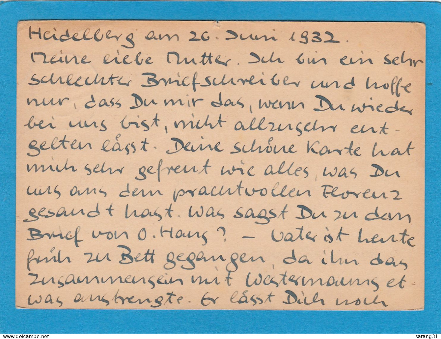 P 196.GANZSACHE AUS HEIDELBERG NACH FLORENZ,ITALIEN,1932. - Cartes Postales
