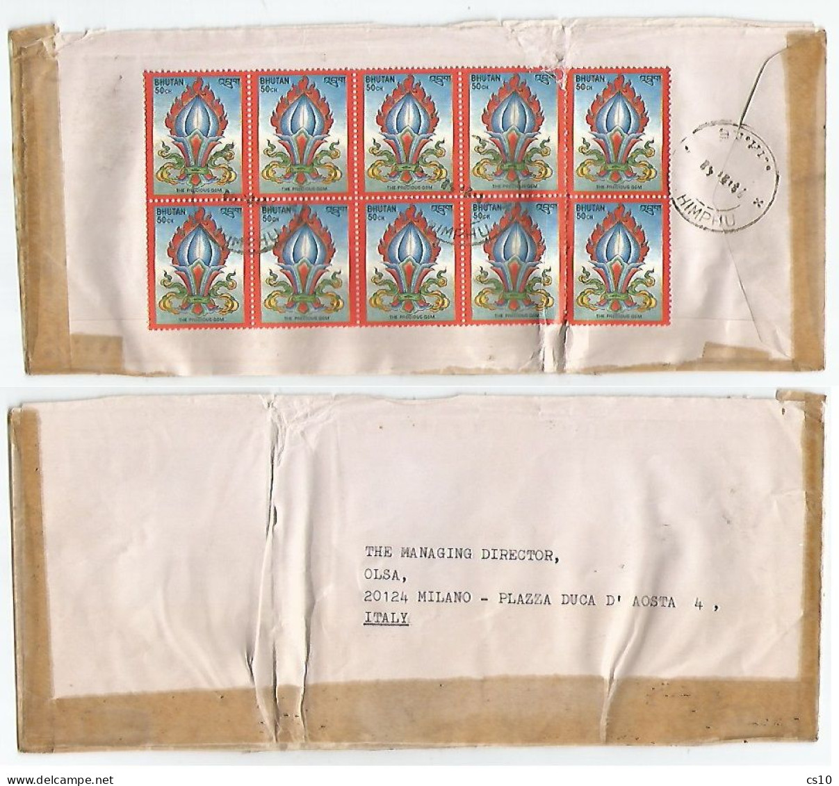 REAL  Postal History !!! Bhutan Commerce Cover Himphu 8apr1986 To Italy With 50ch Precious Gem Block 8+2  !!!!!!!!!!!!!! - Bhutan