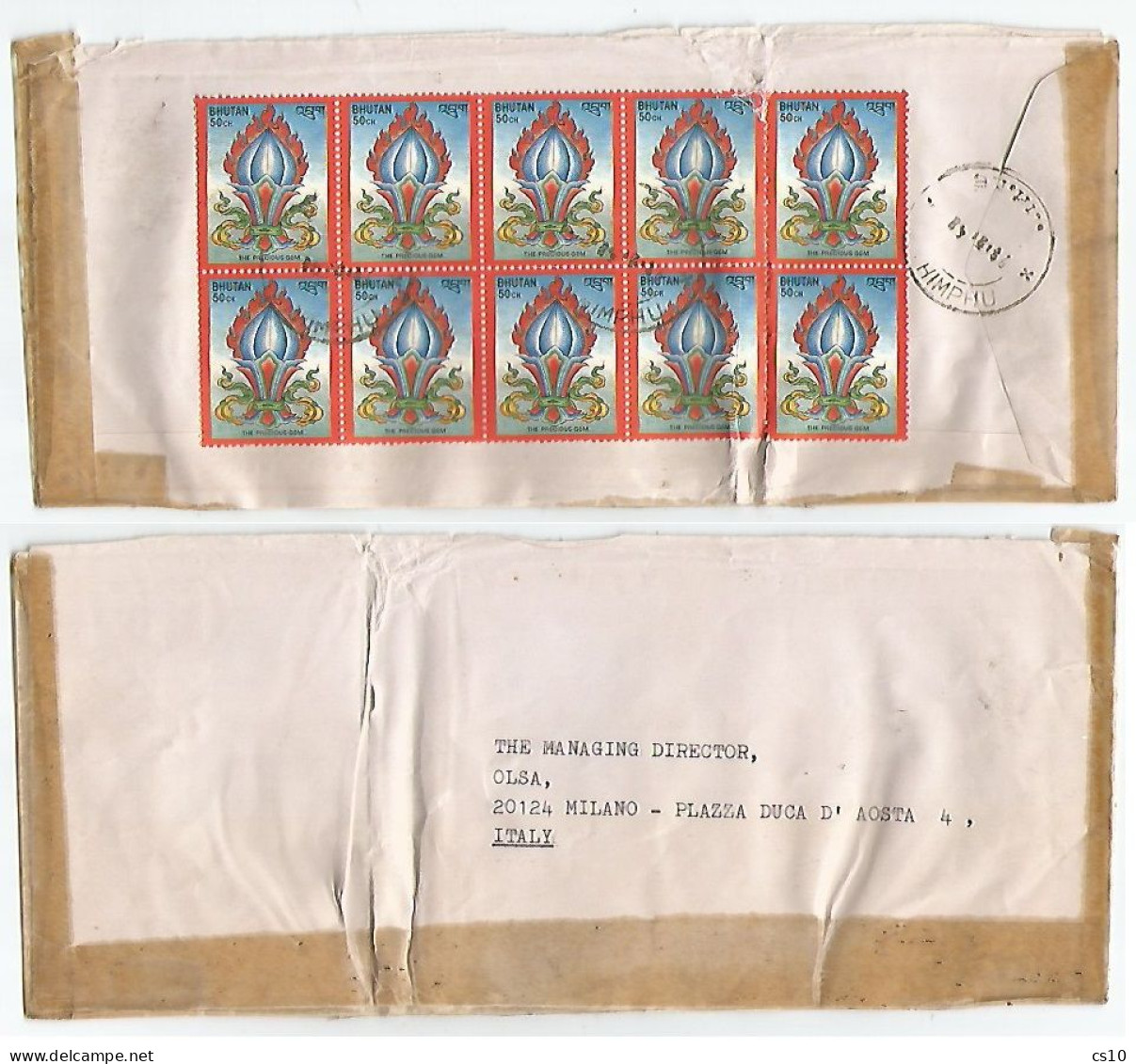 REAL  Postal History !!! Bhutan Commerce Cover Himphu 8apr1986 To Italy With 50ch Precious Gem Block 8+2  !!!!!!!!!!!!!! - Buddhismus