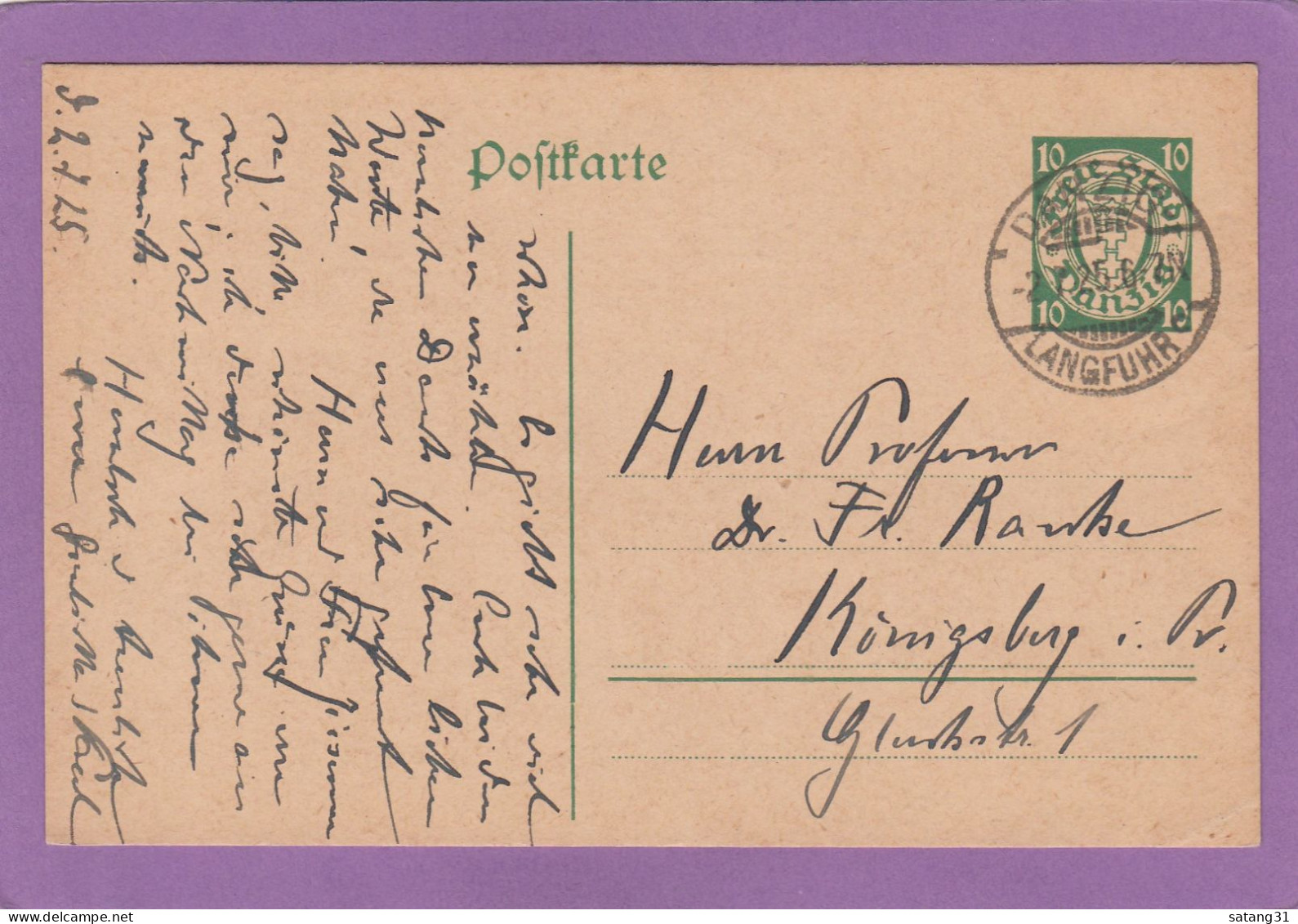 P 25.GANZSACHE AUS DANZIG NACH KÖNIGSBERG,1925. - Postal  Stationery