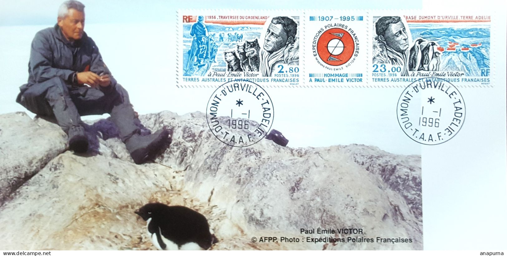 Grande Carte EPF, Photo De Paul Emile Victor En Terre Adélie, Diptyque Timbres TAAF PEV, Obli Dumont D'Urville 1/1/1996 - Polar Exploradores Y Celebridades