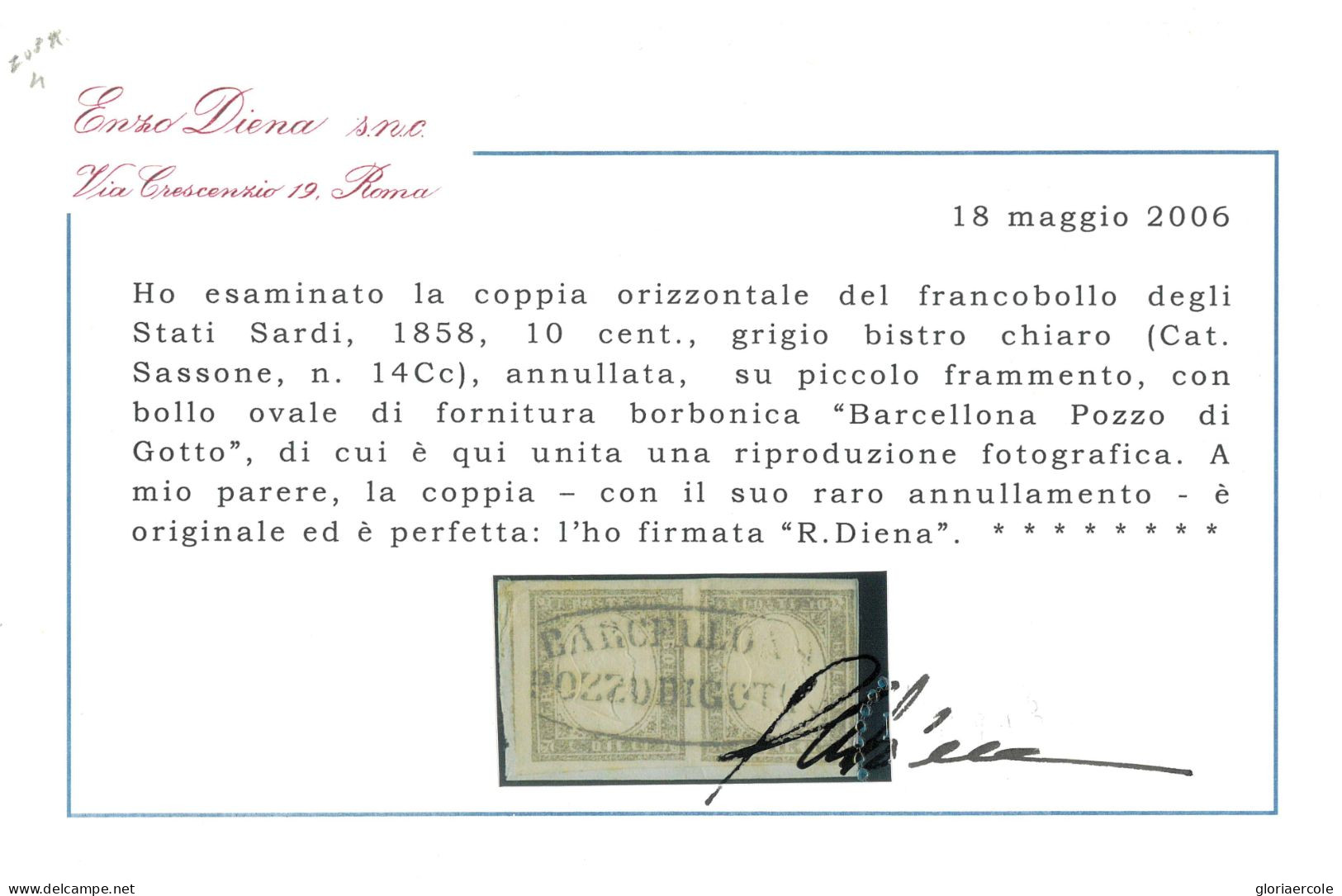 2969 F - SARDEGNA SASS. 14 CC, USATO IN SICILIA CON ANNULLO BORBONICO BARCELLONA POZZO DI GOTTO SU FRAMMENTO - Sardinië