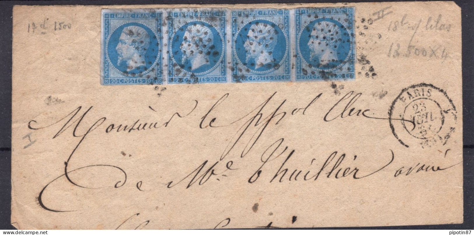 FRANCE BANDE DE 4 N°14Bb BLEU SUR LILAS AVEC ETOILE MUETTE DE PARIS SUR FRAGMENT SIGNÉ CALVES - 1853-1860 Napoléon III.