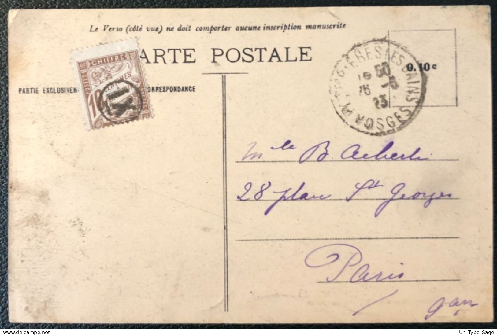 France Divers Dont TAXE Sur CPA De Plombières-les-Bains, Vosges 1923 - (A114) - 1877-1920: Période Semi Moderne