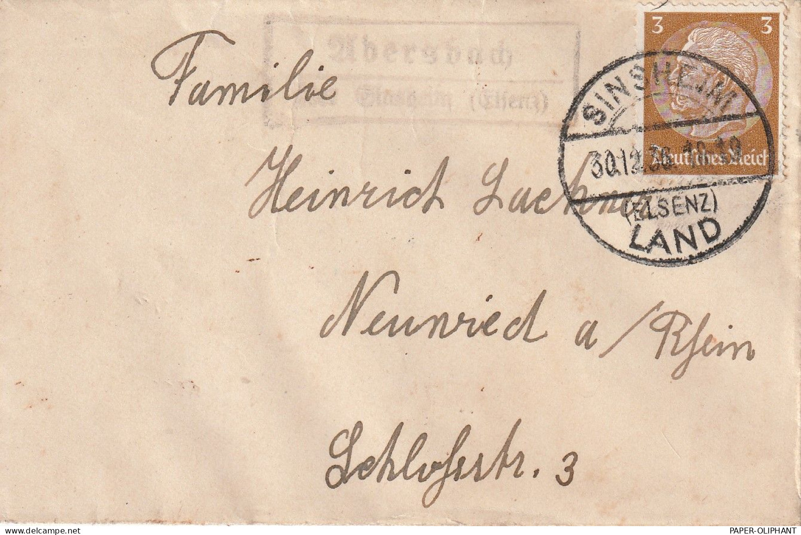 6920 SINSHEIM, Postgeschichte, Landpoststempel "Ad(b)ersbach über Sinsheim", 1936, Stempelirrtum - Sinsheim