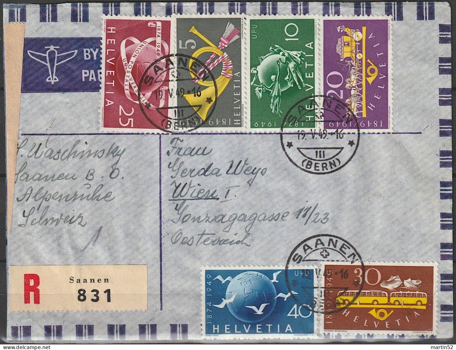 Schweiz Suisse 1949: Post & UPU Zu 291-296 Mi 519-524 Yv 471-476 Mit ⊙ SAANEN 159.V.49 (BERN) Nach Wien (Zu CHF 35.00) - Otros & Sin Clasificación