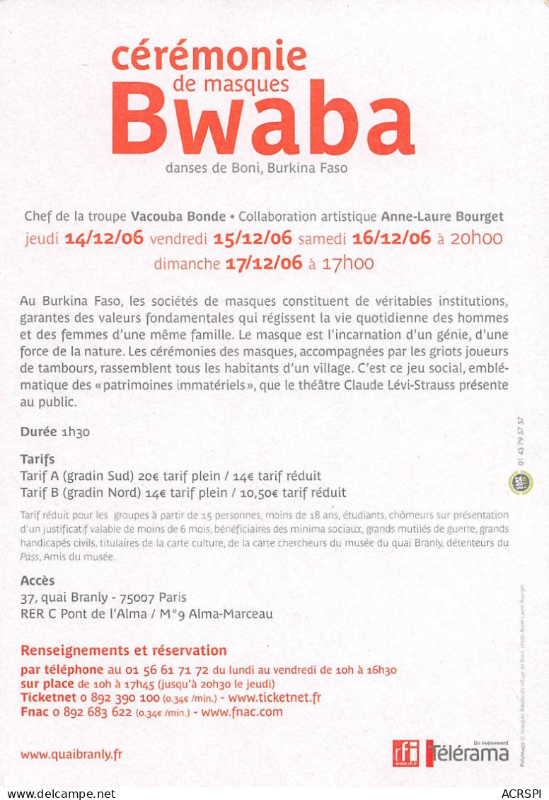 BURKINA FASO Ex Haute-Volta Cérémonie Masques BWABA Au Musée Branly  (2 Scans) N°89 \MP7111 - Burkina Faso