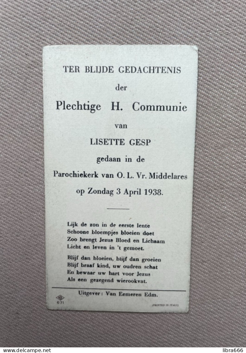 Communie - GESP Lisette - 1938 - O.L.Vr. Middelares - (TURNHOUT) - Comunión Y Confirmación