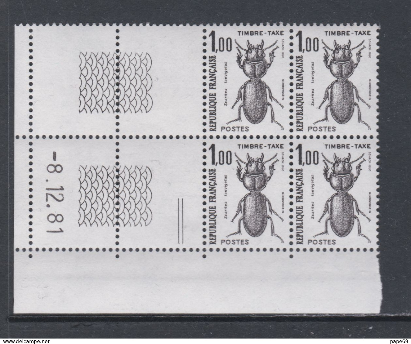 France Timbres-Taxe N° 106 XX Insectes : 1 F. Scarites, En Bloc De 4 Coin Daté Du 8 . 12 . 81 ; 2 Traits, Ss Ch. TB - Impuestos