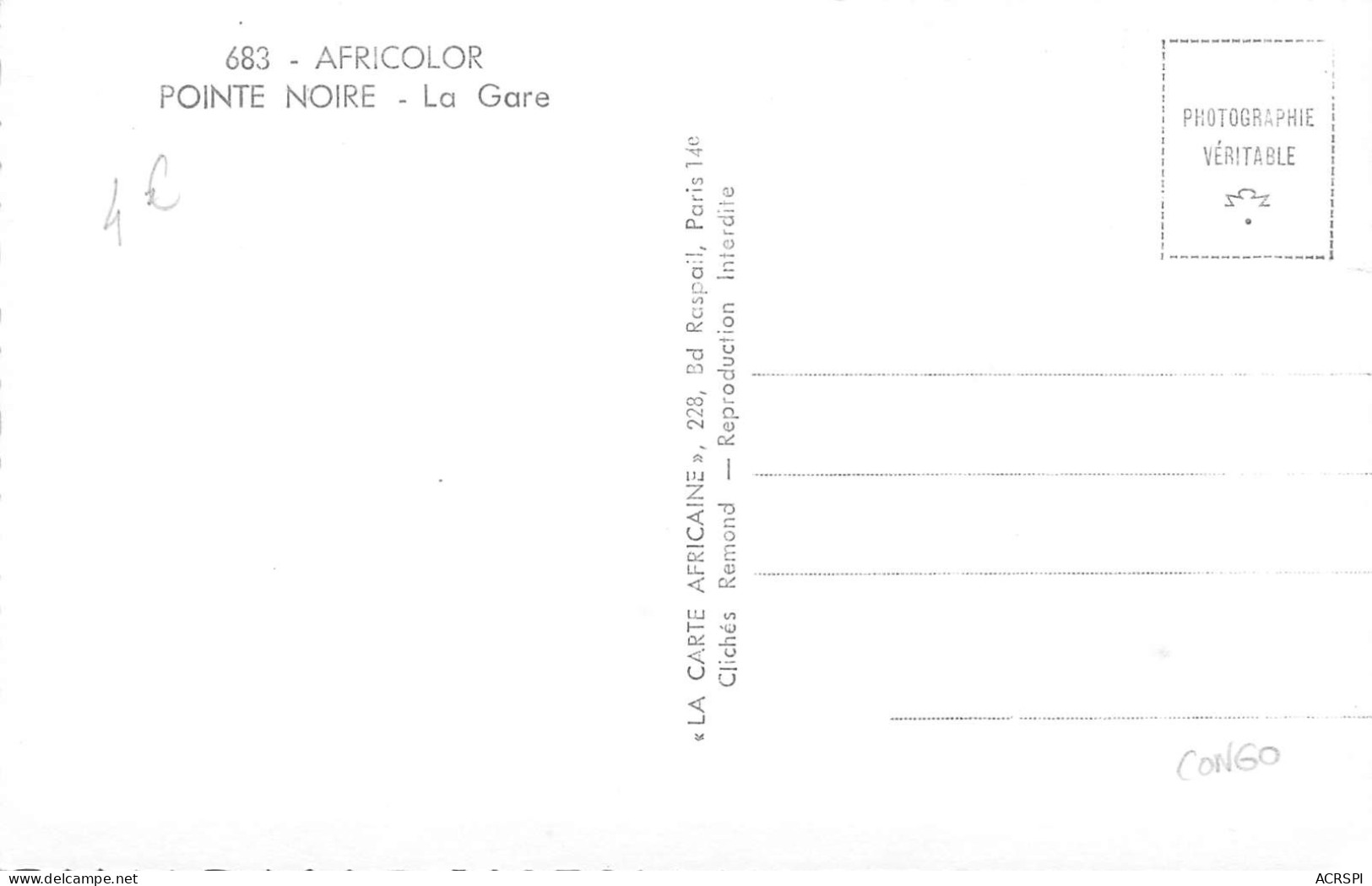 CONGO POINTE-NOIRE La Gare CFCO  Dos Vierge édition Africaine  (Scan R/V) N° 39 \MP7125 - Pointe-Noire