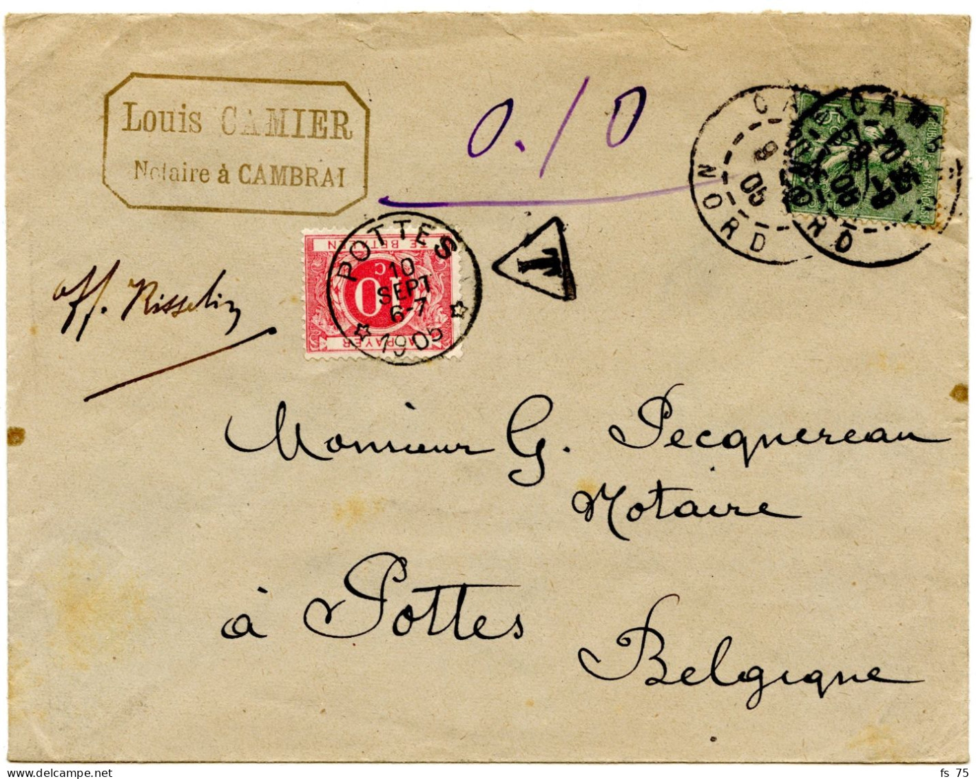 BELGIQUE - COB TAXE 5 SIMPLE CERCLE RELAIS POTTES SUR LETTRE DE CAMBRAI INSUFFISAMENT AFFRANCHIE, 1905 - Cartas & Documentos