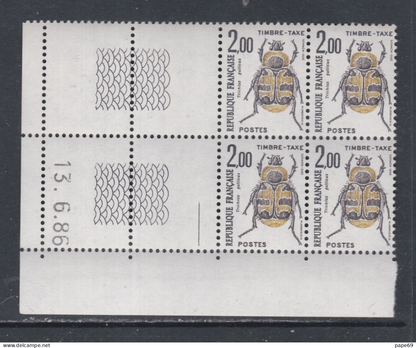 France Timbres-Taxe N° 107 XX Insectes : 2 F. Trichius, En Bloc De 4 Coin Daté Du 13 . 6 . 86 ; 1 Trait, Ss Ch. TB - Impuestos