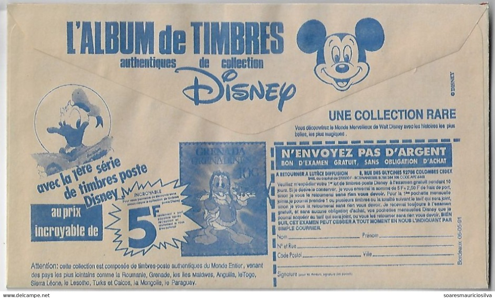 France 1991 Postal Check Cover Official Usage Authorized Advertising Disney Stamp Featuring Mickey Mouse Donald Duck - Disney