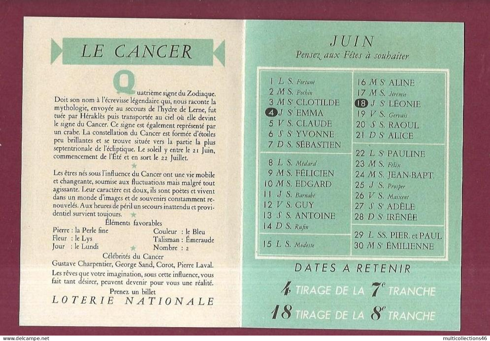 050424F - Carte Tirages Loterie Nationale Fêtes De JUIN La Sainte Chapelle 1942 - Signe Zodiaque Du Cancer - Lottery Tickets