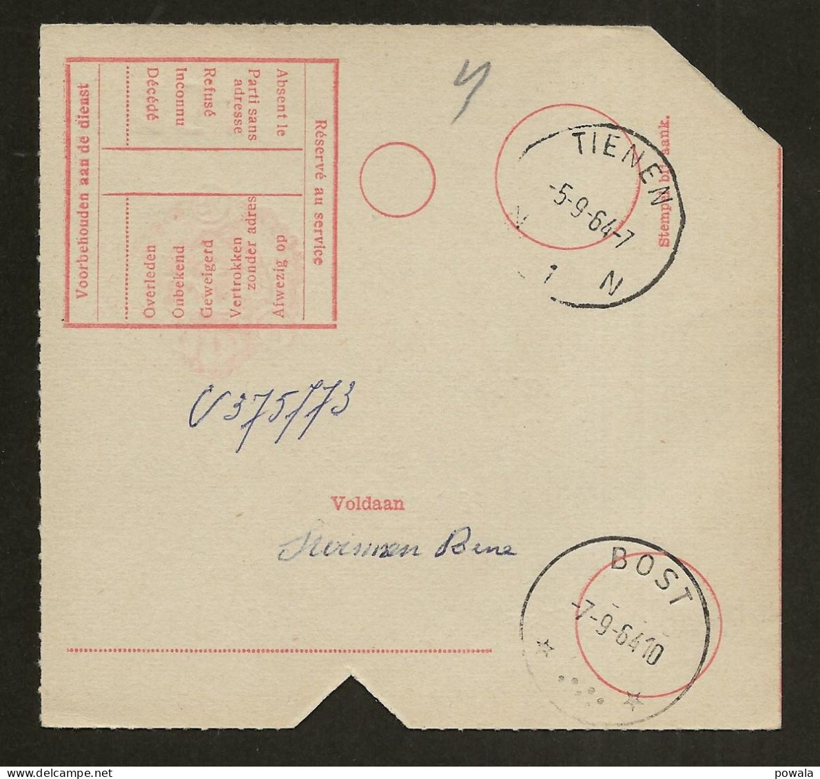 Sterstempel Bestellershalte BOST 7/9/1964 Op Assignatie - Postmarks With Stars