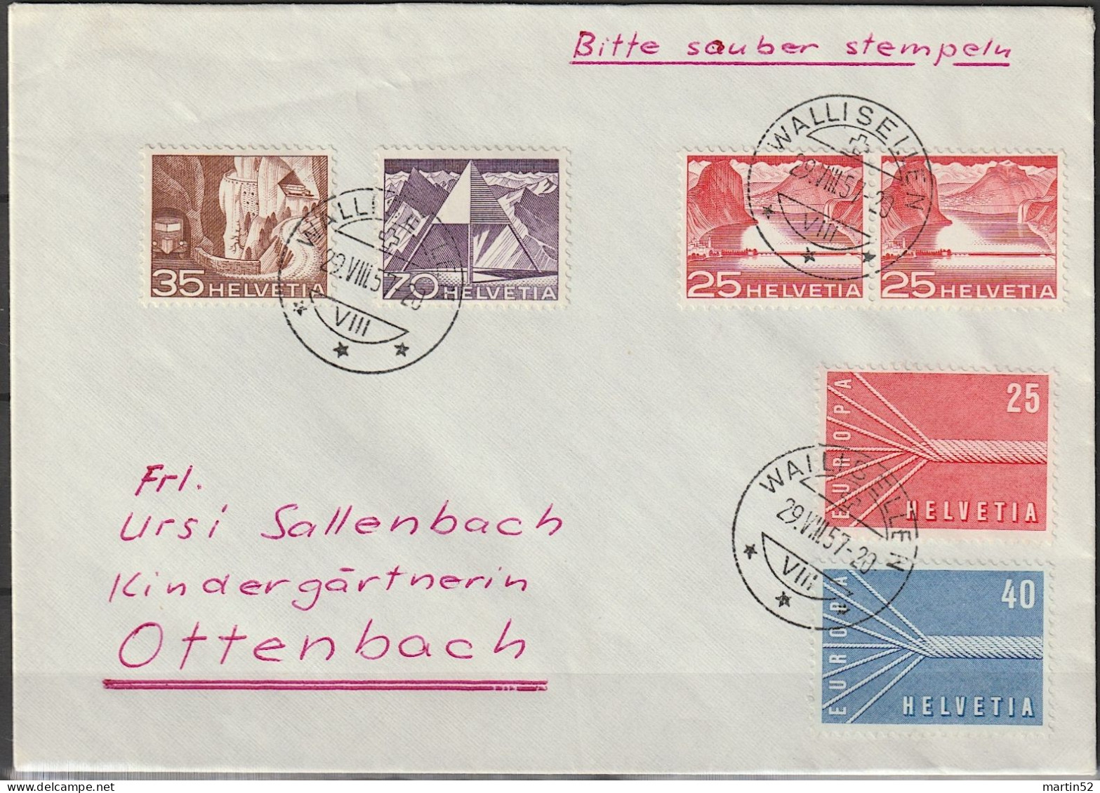 Schweiz Suisse 1957: Zu 302+304+308+332-333 Mi 534+536+540+646-647 Yv 487+489+492+595-596 Mit ⊙ WALLISELLEN 29.VIII.57 - Brieven En Documenten