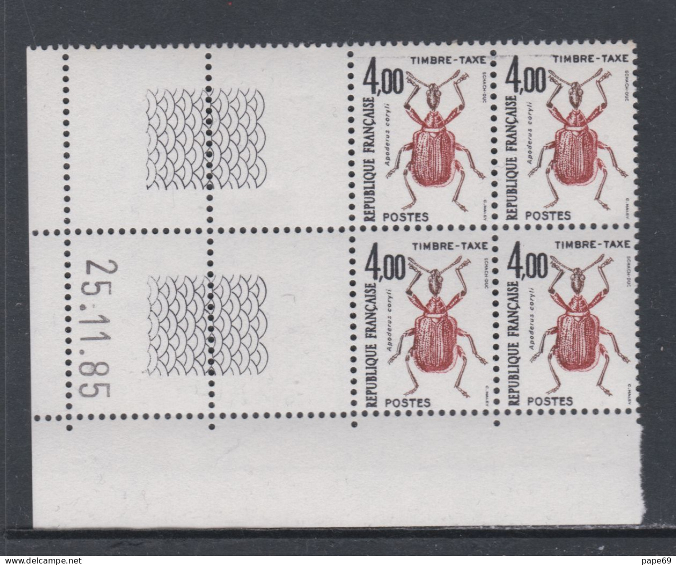 France Timbres-Taxe N° 108 XX Insectes : 4 F. Apoderus, En Bloc De 4 Coin Daté Du 25 . 11 . 85 ; Sans Trait, Ss Ch. TB - Strafport