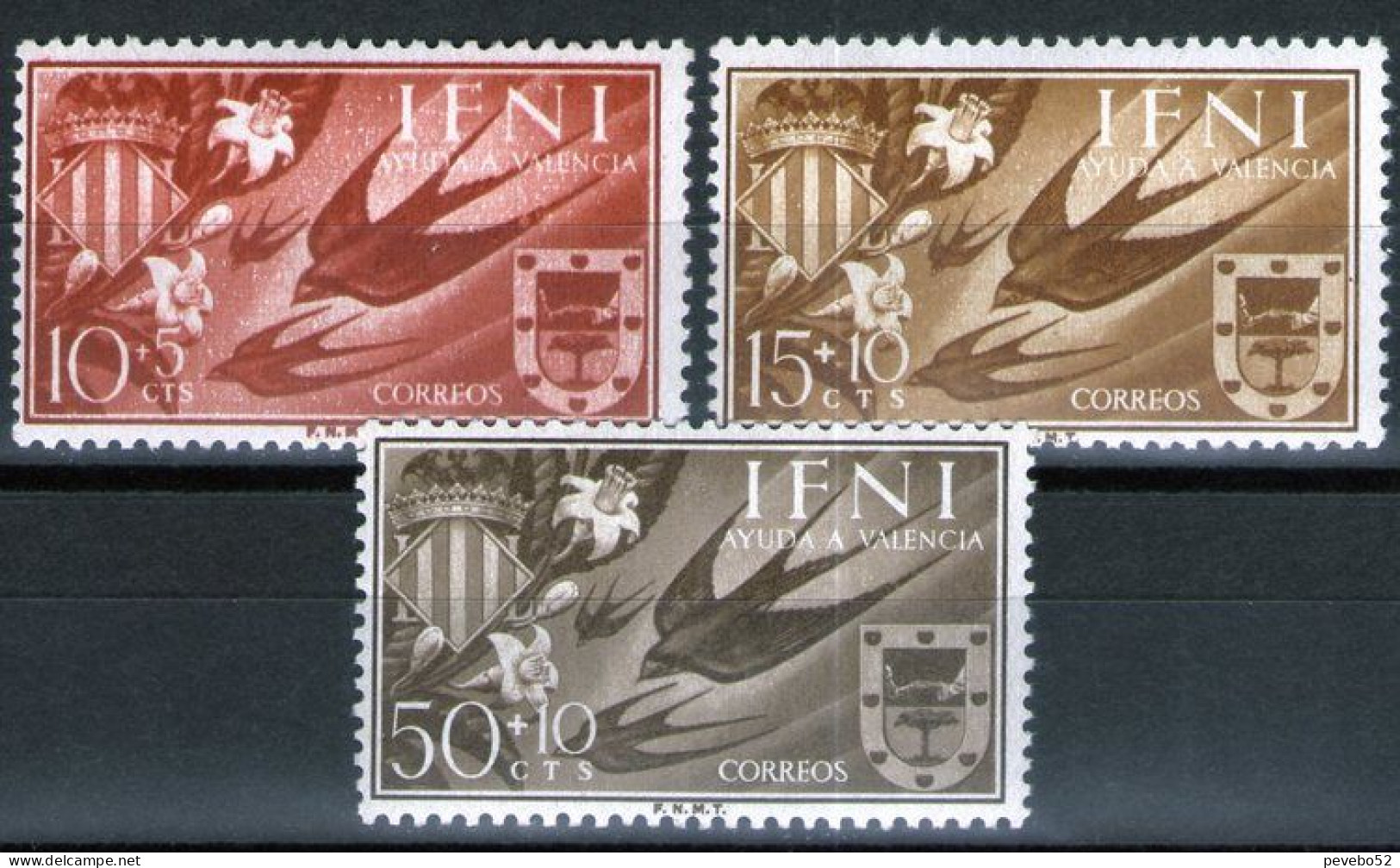 SPAINISH IFNI 1958 - Charity Stamps For Valencia - Barn Swallow & Coat Of Arms MNH - Ifni