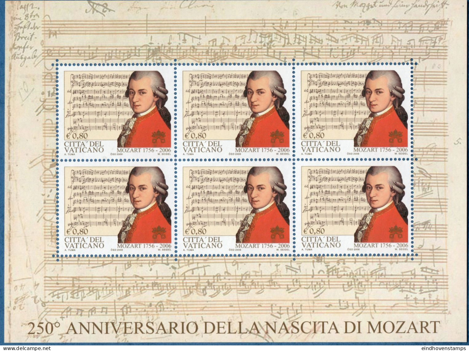 Vaticane 2006 Mozart Block Issue MNH Composer, Music - Musique