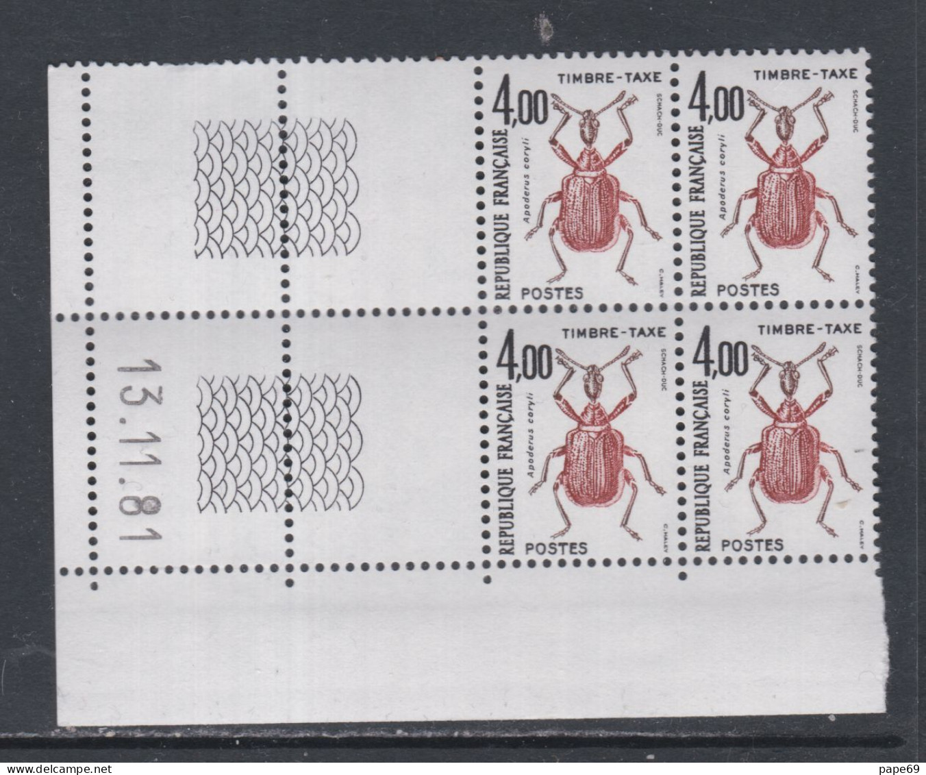 France Timbres-Taxe N° 108 XX Insectes : 4 F. Apoderus, En Bloc De 4 Coin Daté Du 13 . 11 . 81 ; Sans Trait, Ss Ch. TB - Strafport