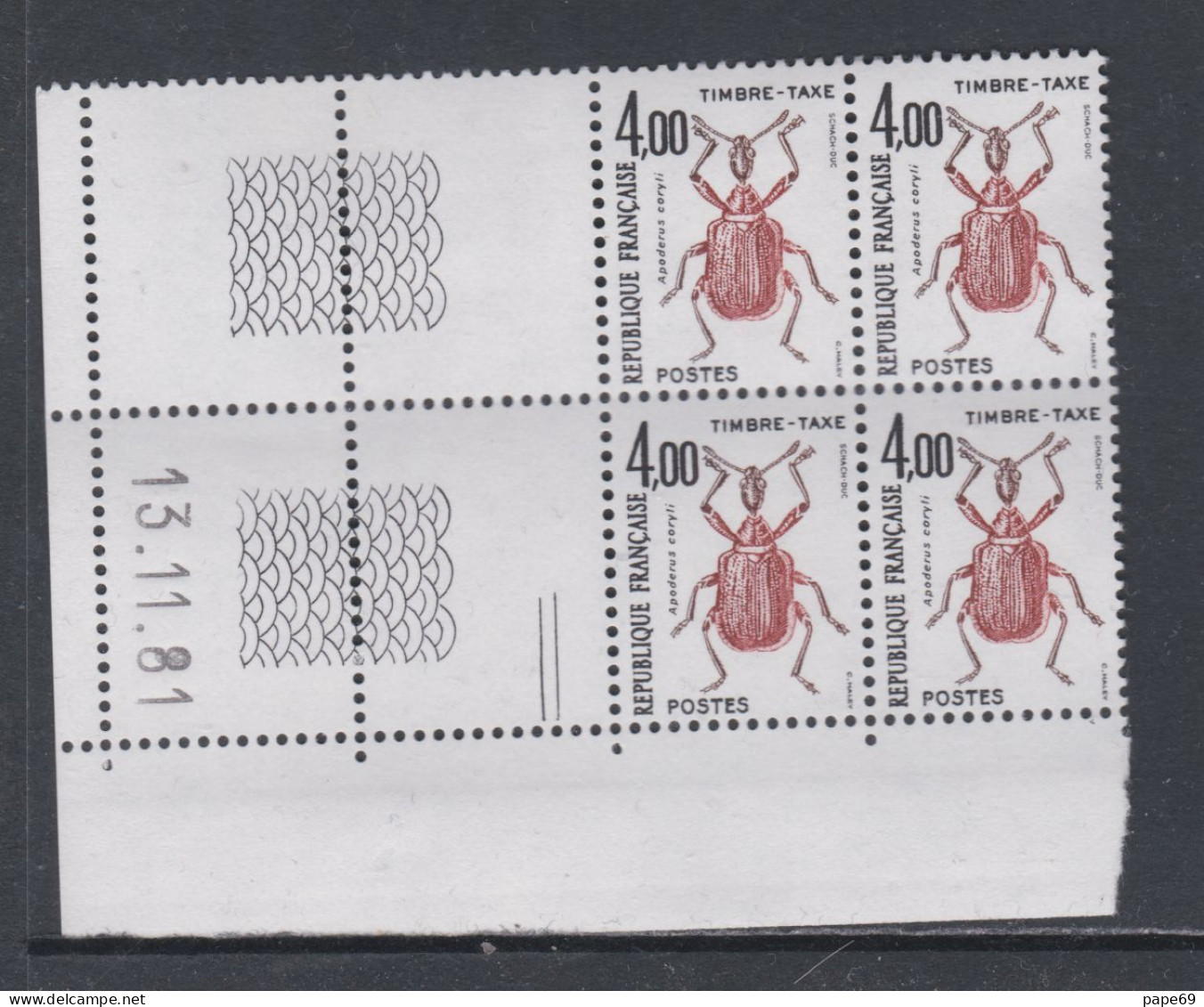 France Timbres-Taxe N° 108 XX Insectes : 4 F. Apoderus, En Bloc De 4 Coin Daté Du 13 . 11 . 81 ; 2 Traits, Ss Ch. TB - Portomarken