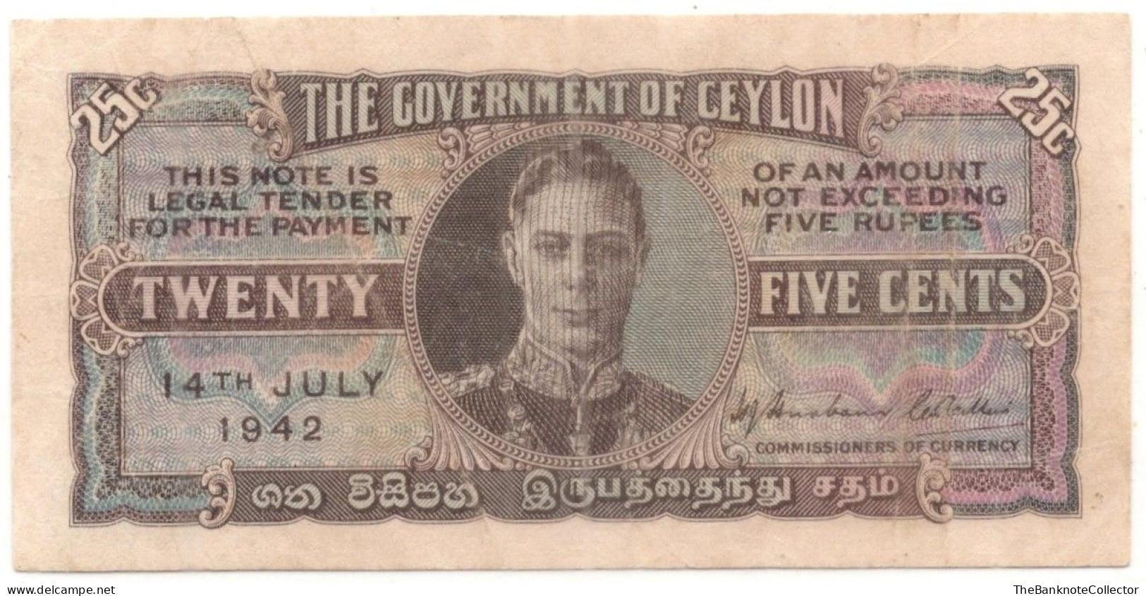 Ceylon (Sri Lanka) 25 Cents 1942  P-44 King George VI VF - Sri Lanka