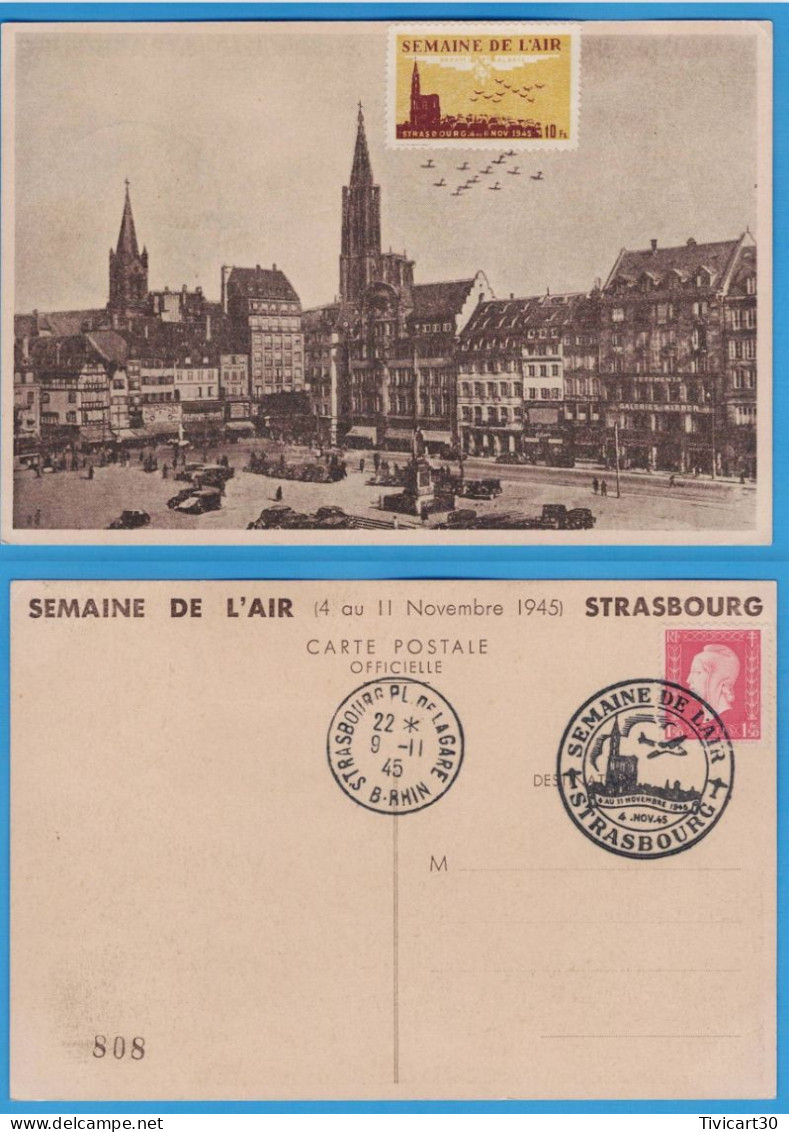 CARTE POSTALE SEMAINE DE L'AIR (4 AU 11 NOVEMBRE 1945) STRASBOURG - VIGNETTE "10 Fr. SEMAINE DE L'AIR" - Luchtvaart