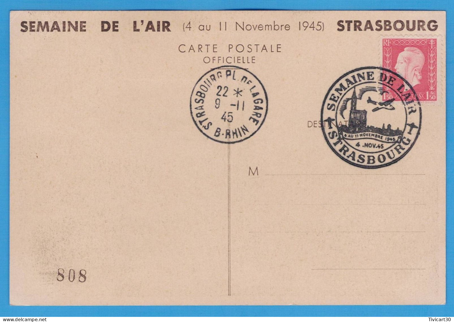 CARTE POSTALE SEMAINE DE L'AIR (4 AU 11 NOVEMBRE 1945) STRASBOURG - VIGNETTE "10 Fr. SEMAINE DE L'AIR" - Aviación