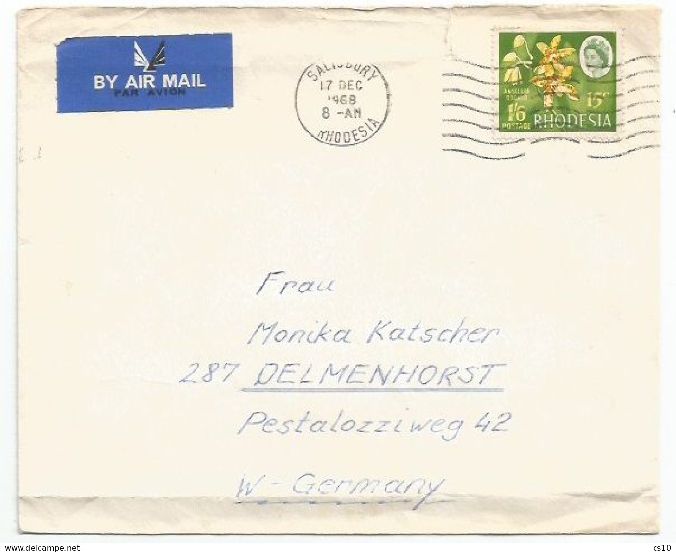 Rhodesia Airmail Cover Salisbury 17dec1968 To Germany BRD With Orchids 1S6 = C.15 Solo Franking - Rhodesia (1964-1980)