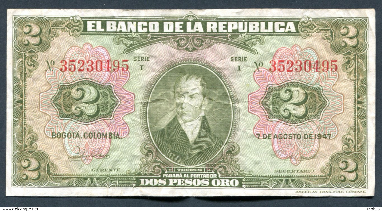 RC 27394 COLOMBIE BILLET DE 2 PESOS EMIS EN 1947 - Kolumbien