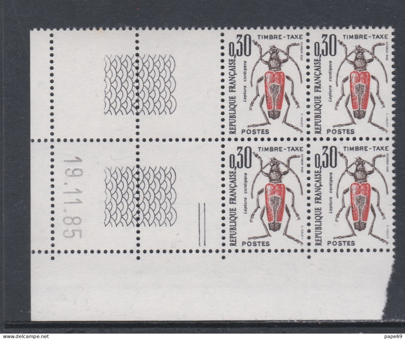 France Timbres-Taxe N° 109 XX Insectes : 30 C. Leplura, En Bloc De 4 Coin Daté Du 19 . 11 . 85 ; 2 Traits, Ss Ch. TB - Impuestos