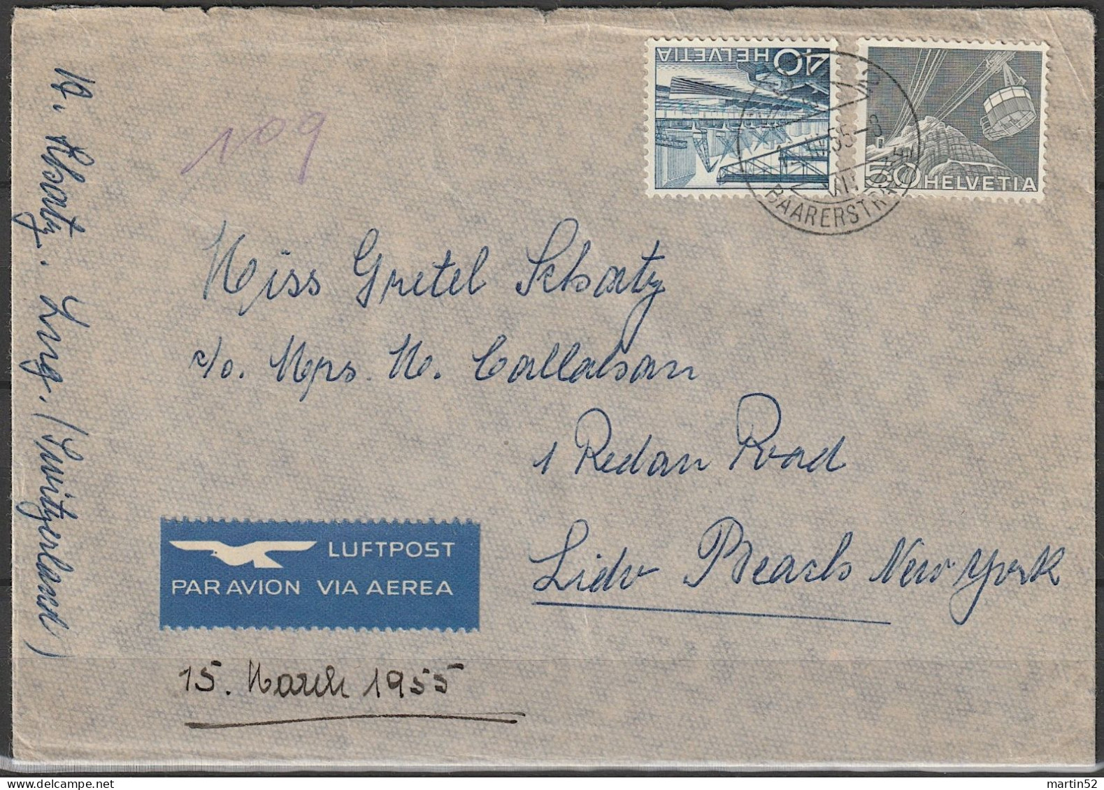 Schweiz Suisse 1955: LUFTPOST Zu 305+306 Mi 537+538 Yv 489+490 Mit ⊙ ZUG 15.III.55 BAARERSTRASSE Nach NY (USA) - Lettres & Documents