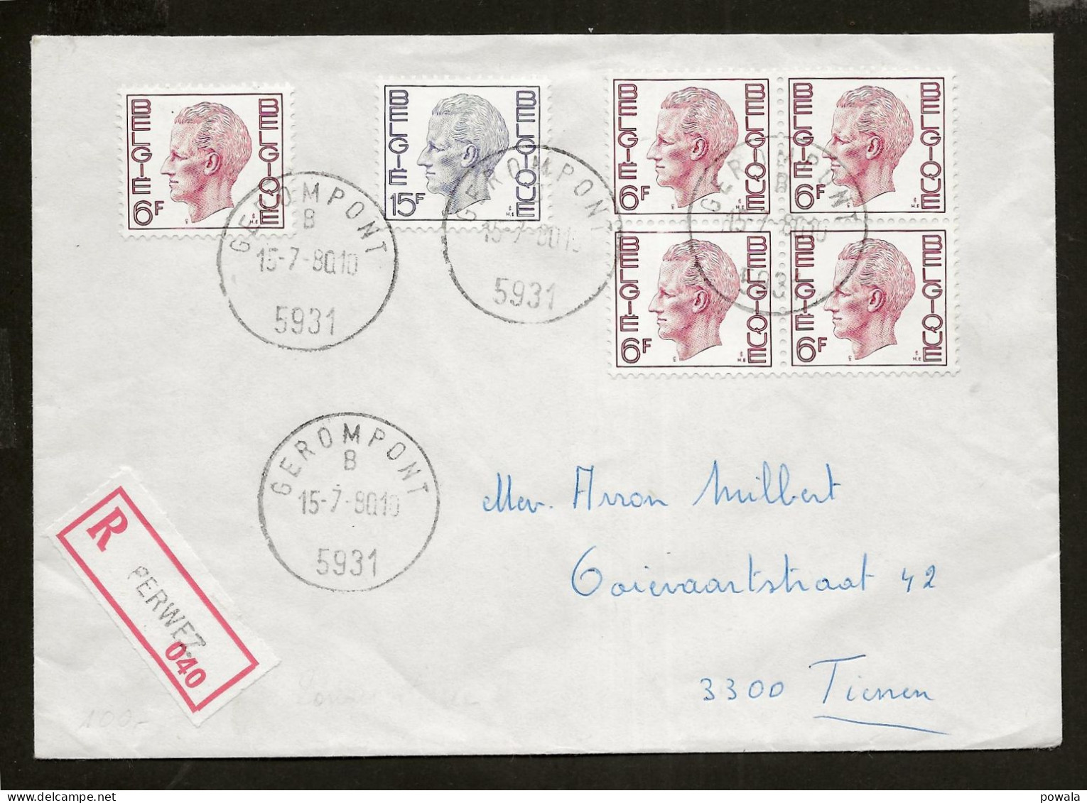Bestellershalte GEROMPONT 15/7/1980 Stempel Zonder Sterren Letter B Op Recommande - Sternenstempel